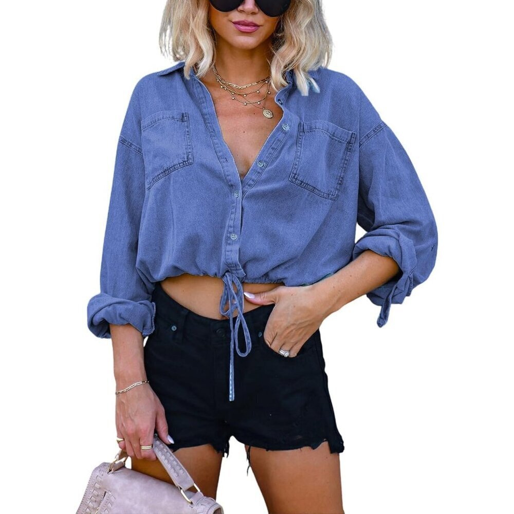 Women's 3/4 Sleeve Colored Cropped Denim Jacket Short Jean Jacket Trucker Z-blue